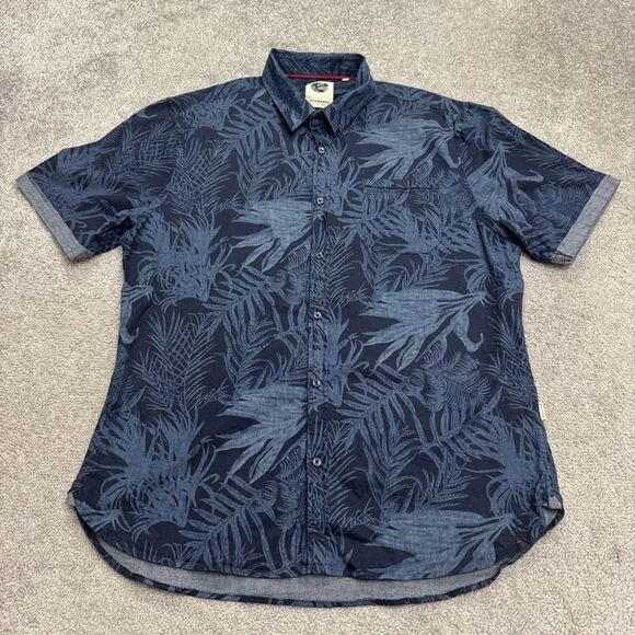 7 Diamonds Indigo Denim Button Down Shirt Mens XXL Blue Palm Leaves Tropical Top - Picture 1 of 15